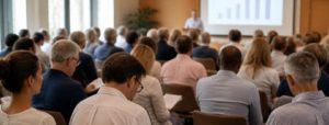 Public assis en salle lors d'une présentation, assemblée générale