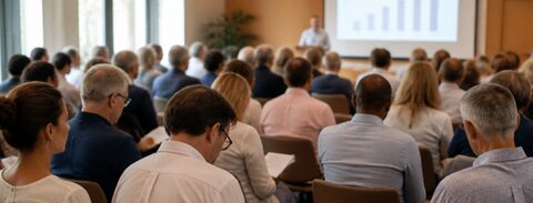Public assis en salle lors d'une présentation, assemblée générale